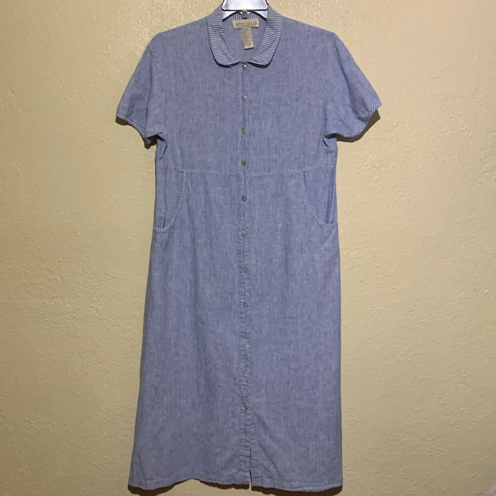 Sweet Jessie Maxi Dress M Blue White Short Sleeve Pockets Stripes Linen Cotton